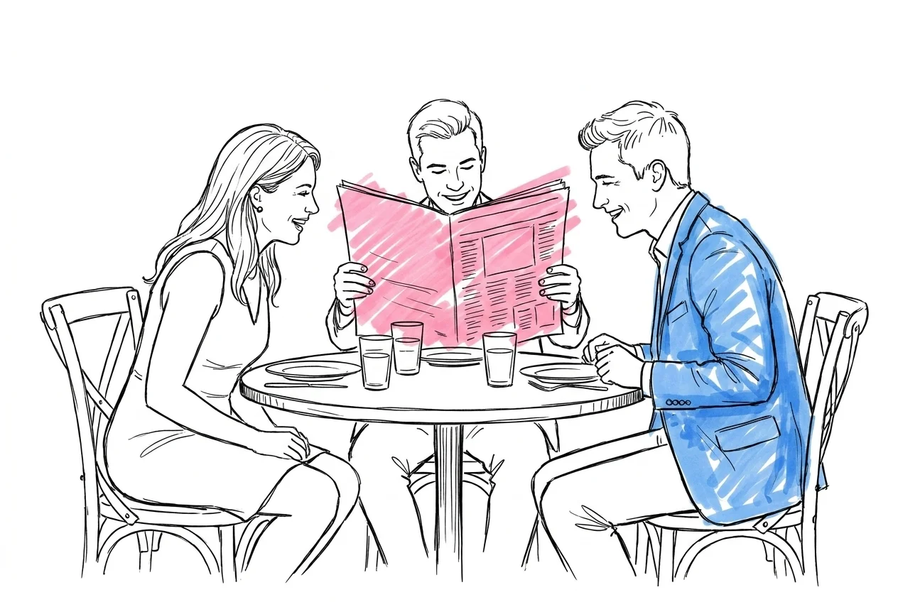 Bröllopsgäster vid runt bord som skrattar medan en person håller upp en tryckt tidning