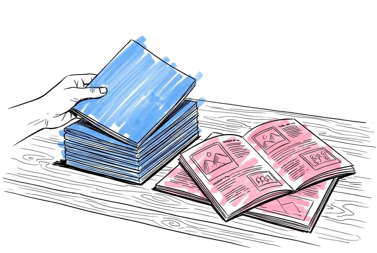 Prydlig trave nytryckta A5-häften med en öppen kopia och hand som plockar upp översta exemplaret