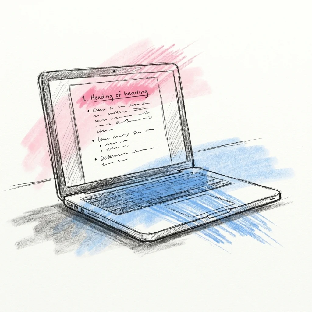 En surfplatta eller laptop som visar ett dokument under redigering med numrerade rubriker och en kort lista, kortet tar form digitalt innan det skrivs ut