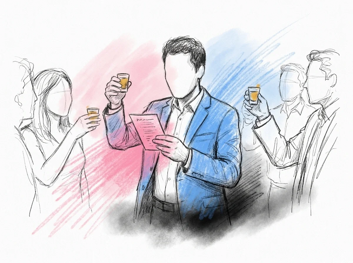 En grupp gäster står med snapsglas höjda, en av dem tittar ner på ett litet tryckt kort medan de sjunger med de andra