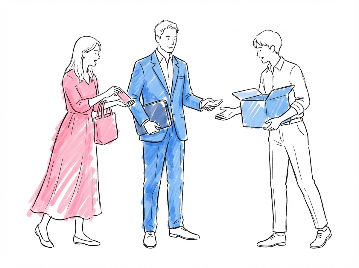 Tre personer som koordinerar — kvinna med tygväska, man med liten necessär och tredje person med låda, i Lovios rosa och blå illustrationsstil