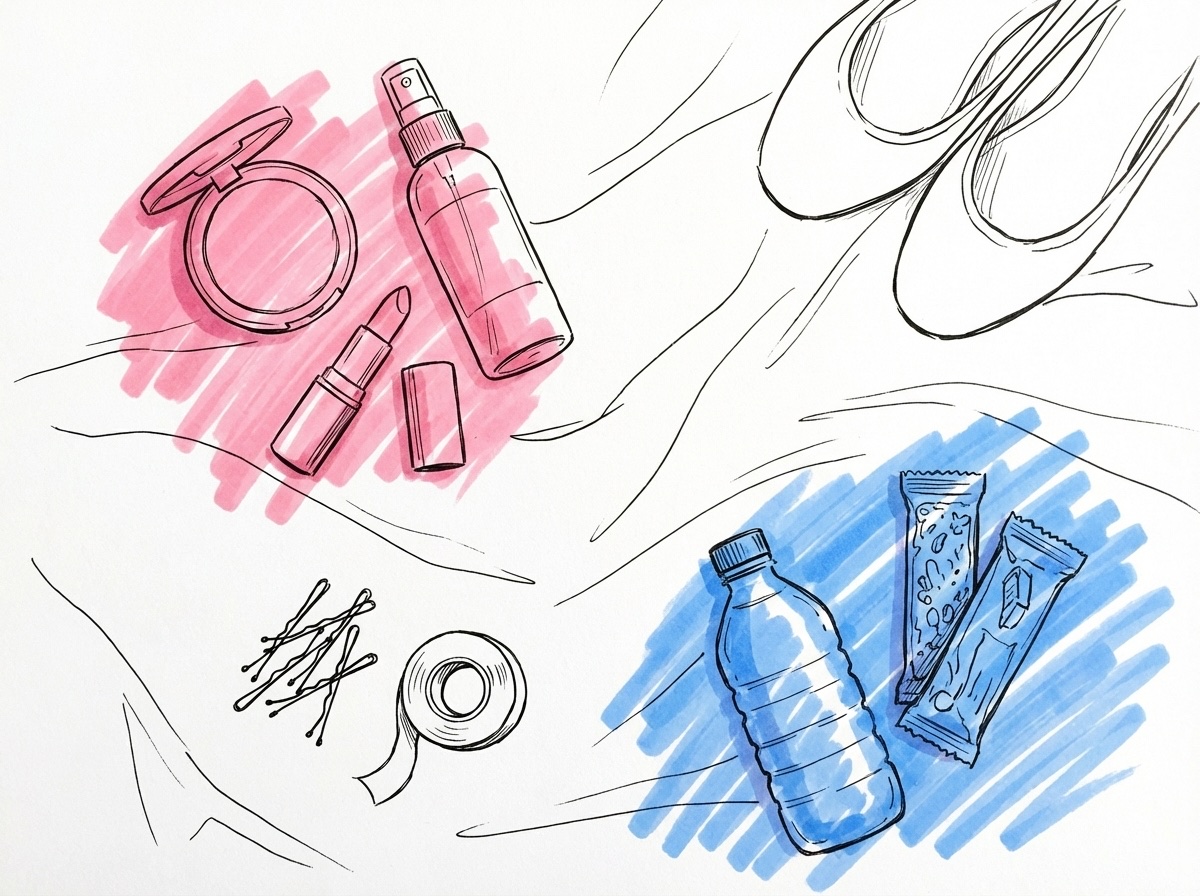 Flat-lay med brudens bröllopsdagstillbehör — puder, läppstift, setting spray, bobby pins, ballerinor och snackbars, i Lovios rosa och blå illustrationsstil