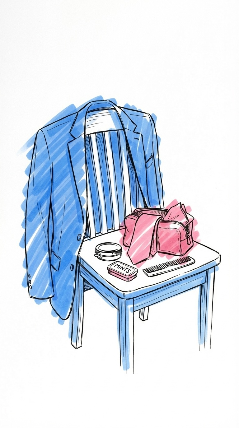 Kavaj draperad över en stol med en öppen necessär bredvid — reservslips, skokräm, mintpastiller, kam och deodorant, i Lovios rosa och blå illustrationsstil
