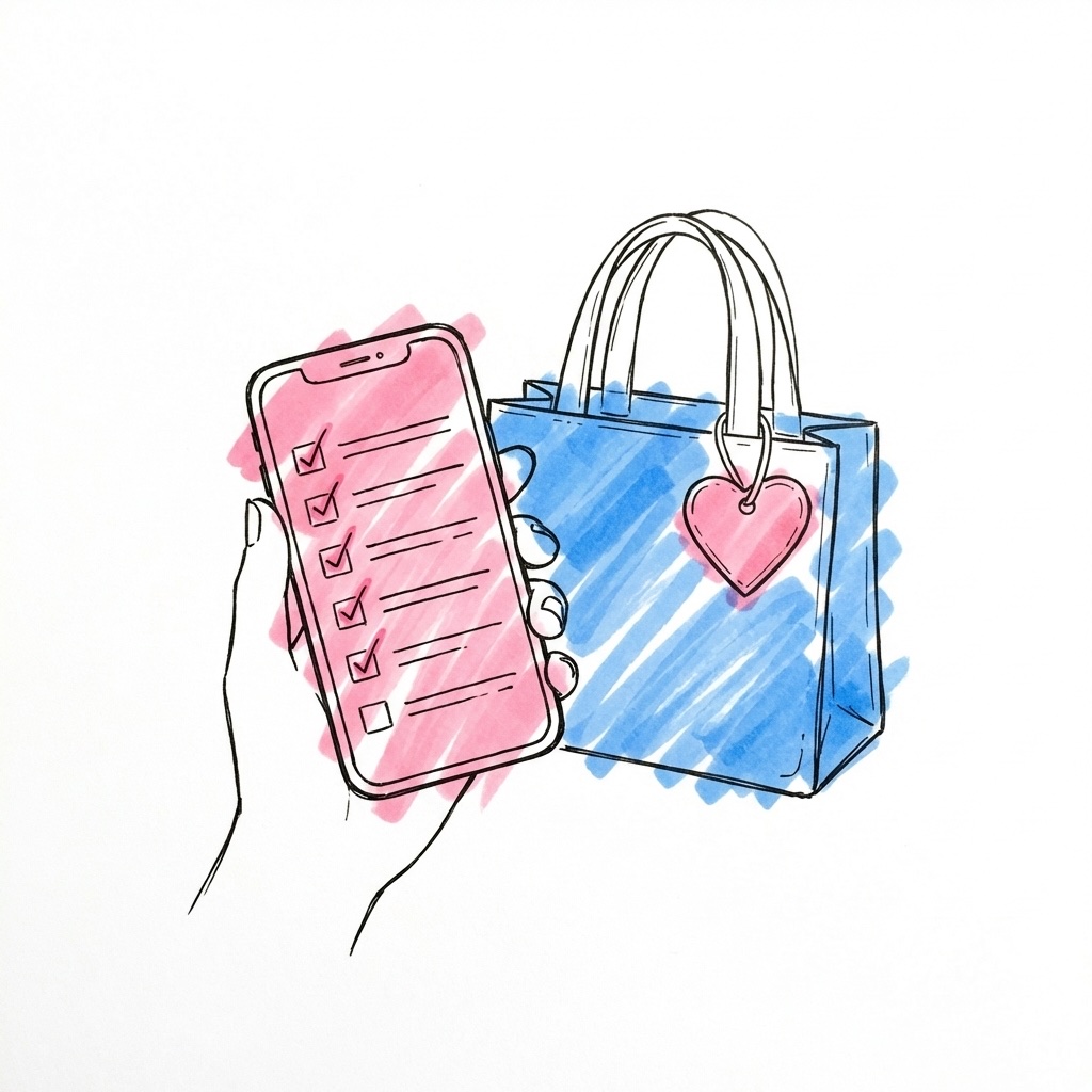 Hand som håller en telefon med checklista-app, en liten bröllopsväska i bakgrunden med hjärtformad etikett, i Lovios rosa och blå illustrationsstil