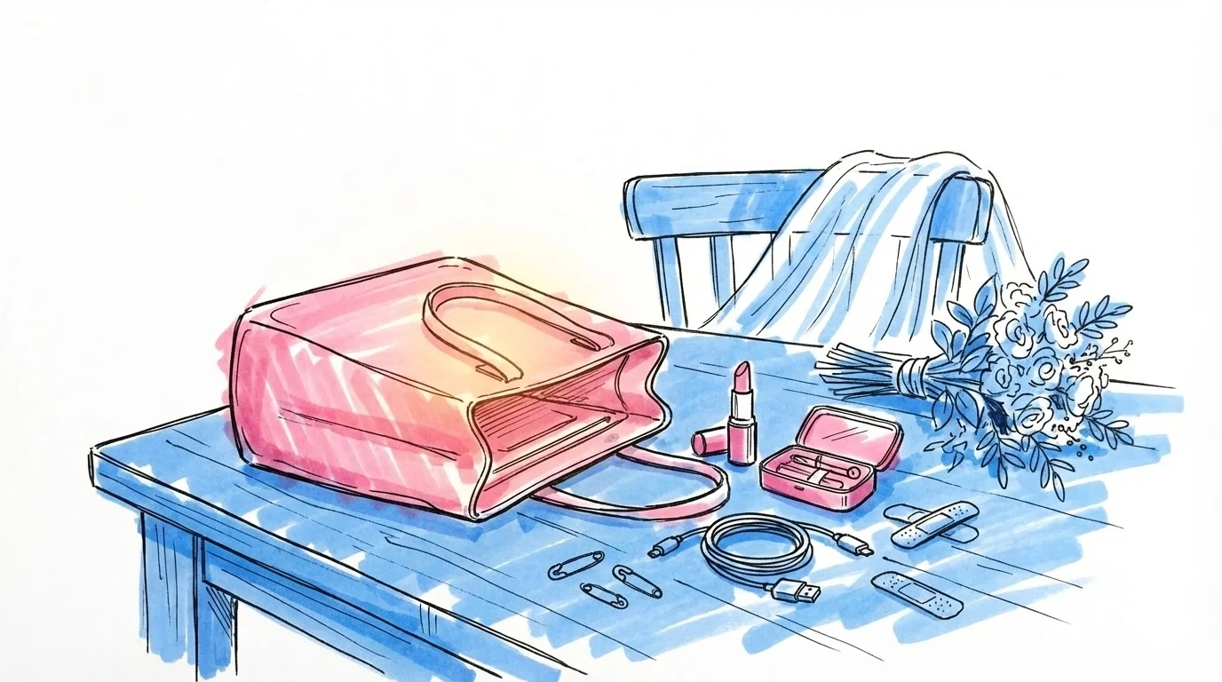 Öppen bröllopsväska på ett bord med bröllopsdagstillbehör — läppstift, plåster, telefonladdare och säkerhetsnålar, i Lovios rosa och blå illustrationsstil