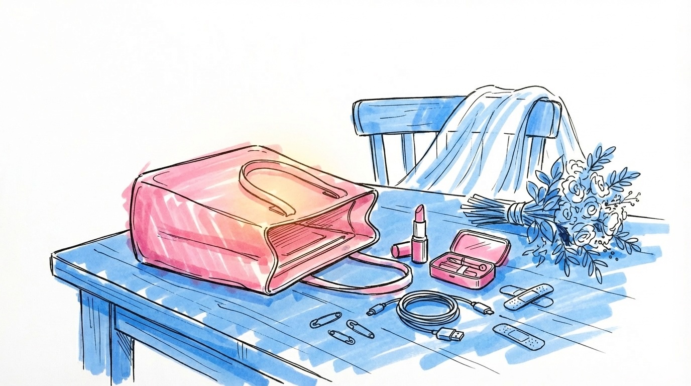 Öppen bröllopsväska på ett bord med bröllopsdagstillbehör — läppstift, plåster, telefonladdare och säkerhetsnålar, i Lovios rosa och blå illustrationsstil