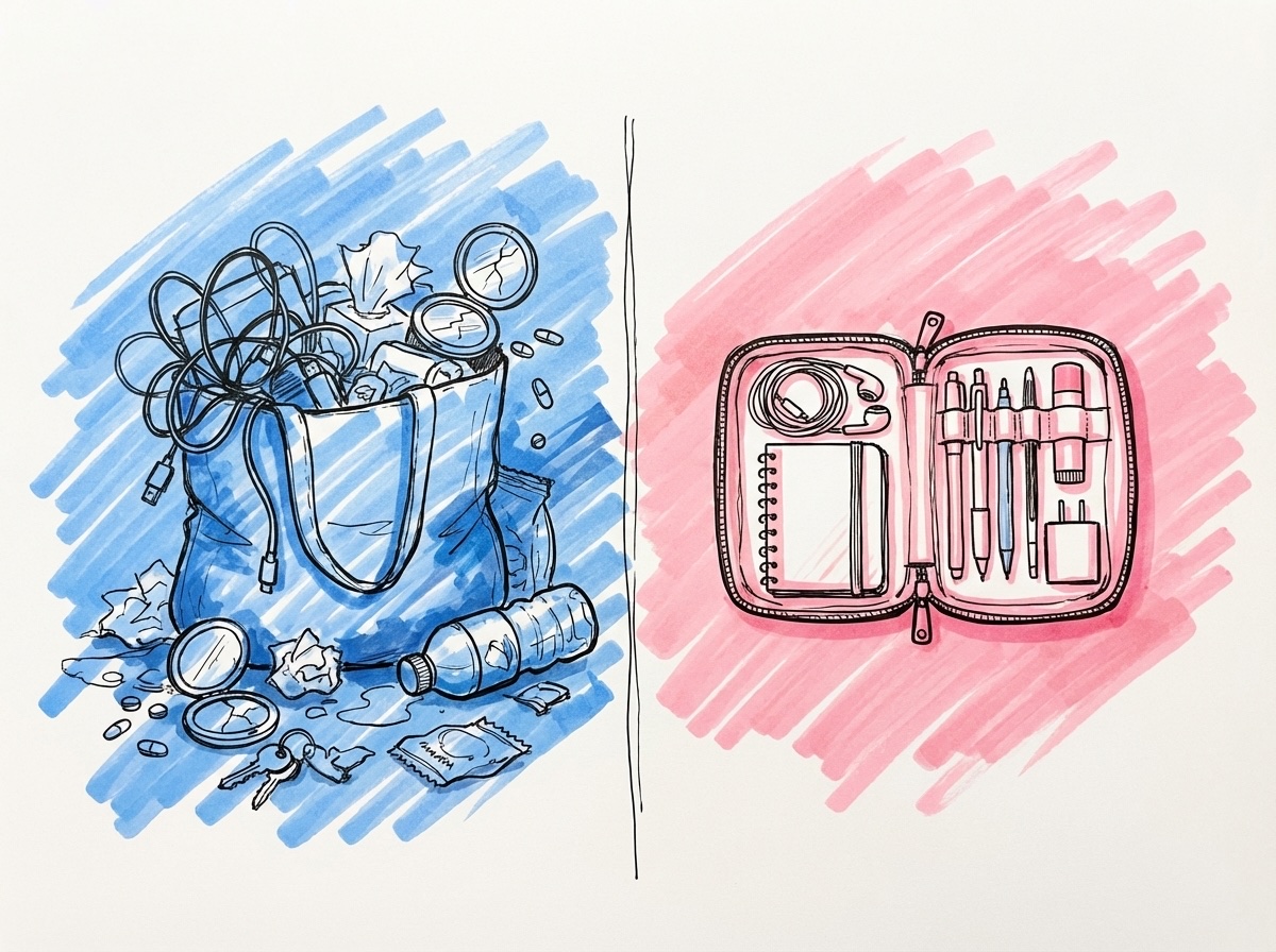 Kontrastscen — överfylld kaotisk väska på ena sidan, snygg kompakt necessär med allt på plats på andra sidan, i Lovios rosa och blå illustrationsstil