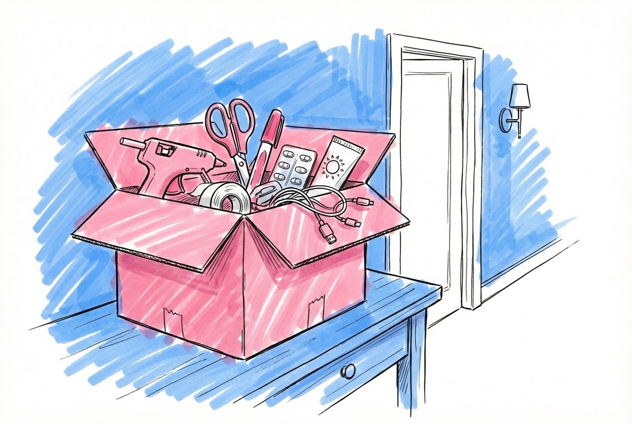 Öppen nödlåda på ett avlastningsbord med häftpistol, tejprullar, sax, fläckborttagning, tablettkarta och laddkablar, i Lovios rosa och blå illustrationsstil