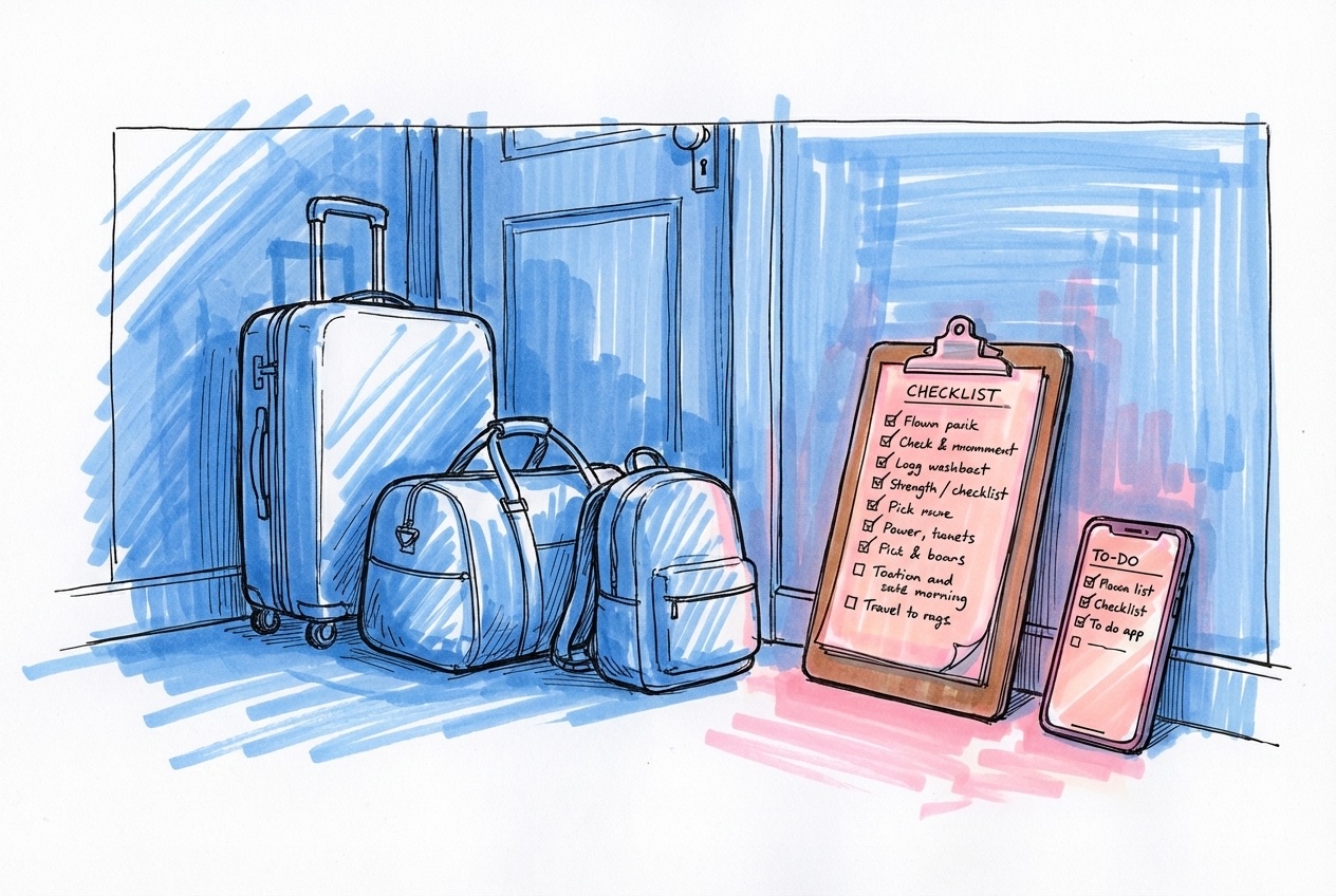 Köksbänk med tre packade väskor uppradade vid ytterdörren, en checklista på clipboard och en telefon med att-göra-app, i Lovios rosa och blå illustrationsstil