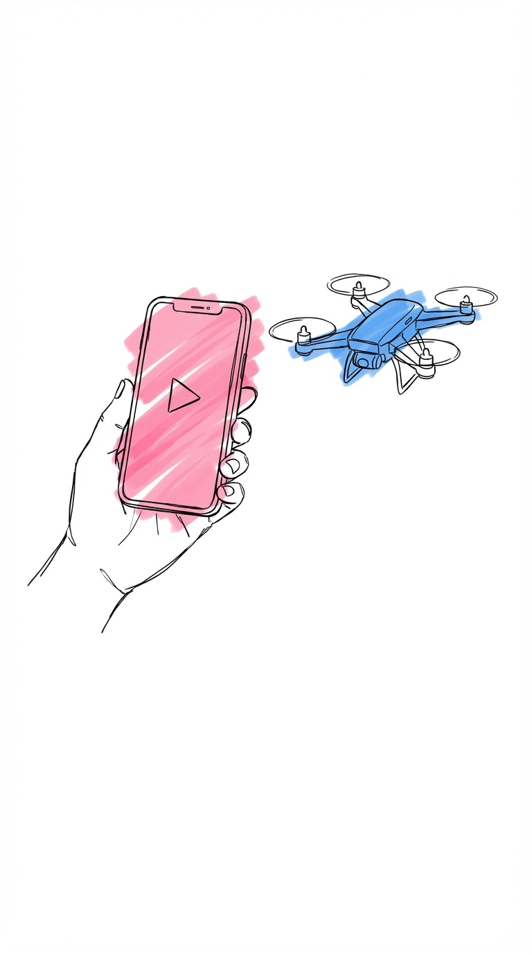 Mobil med spelande bröllopsfilm och en liten drönare