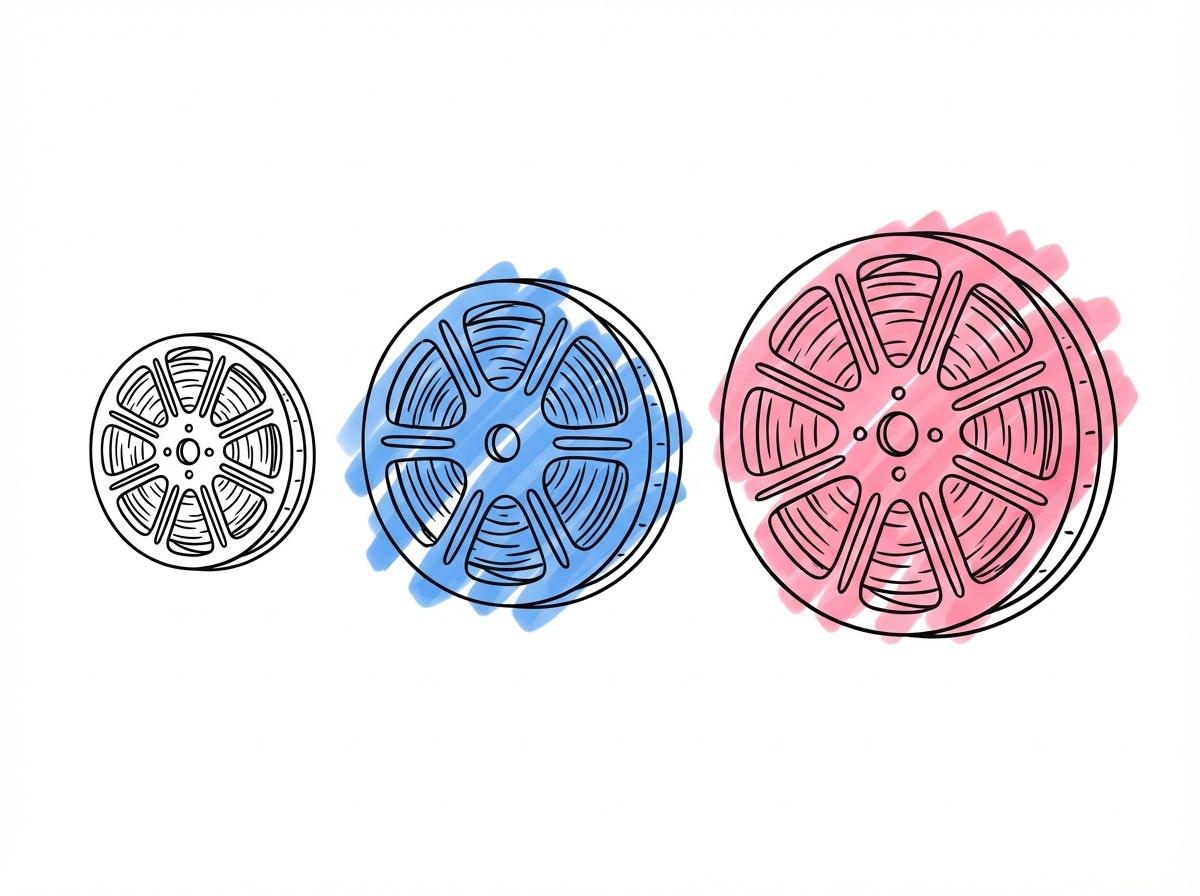 Tre prisnivåer för bröllopsvideograf representerade av filmrullar