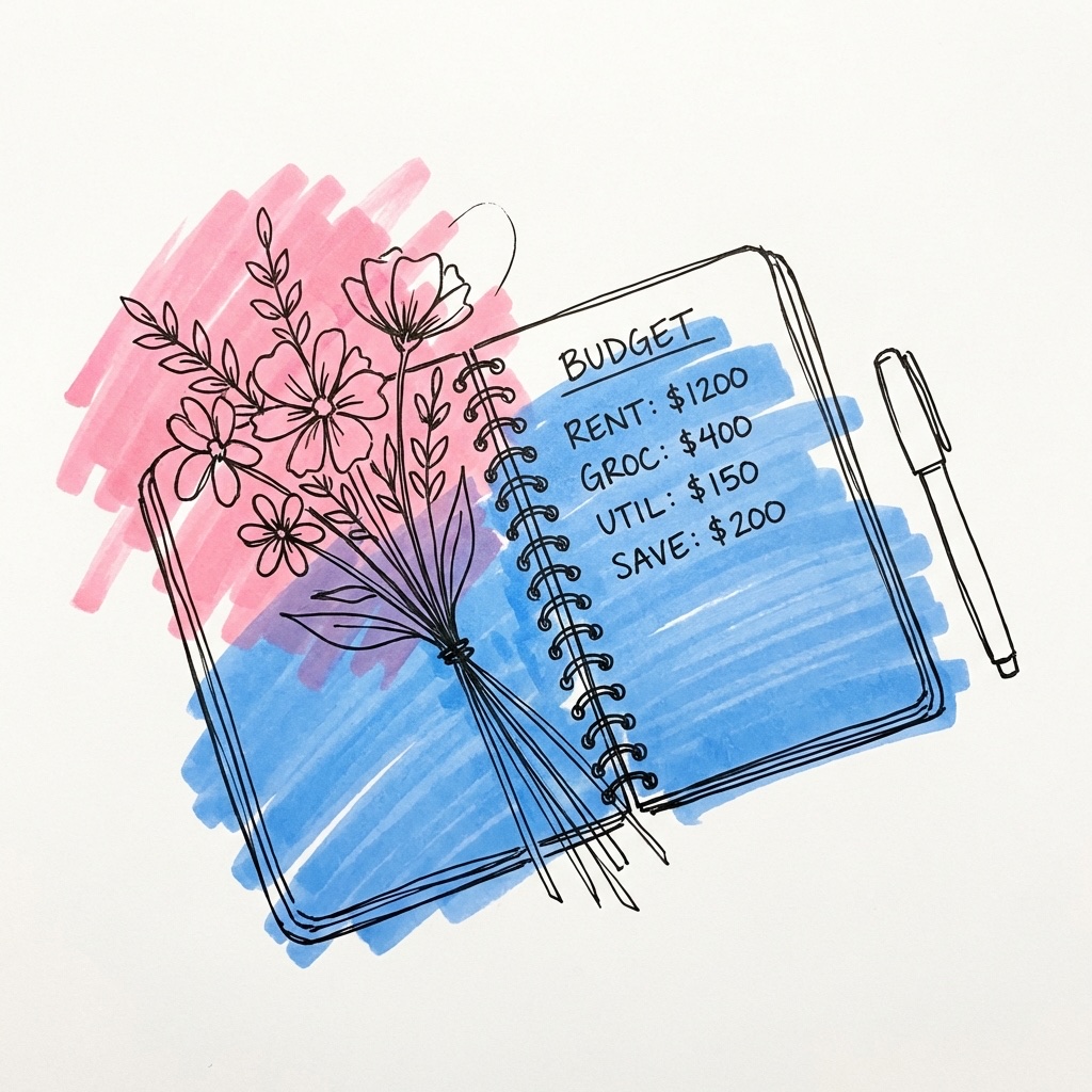 En bukett blommor vilande ovanpå en öppen anteckningsbok med en budgetlista och en penna bredvid i Lovios illustrationsstil