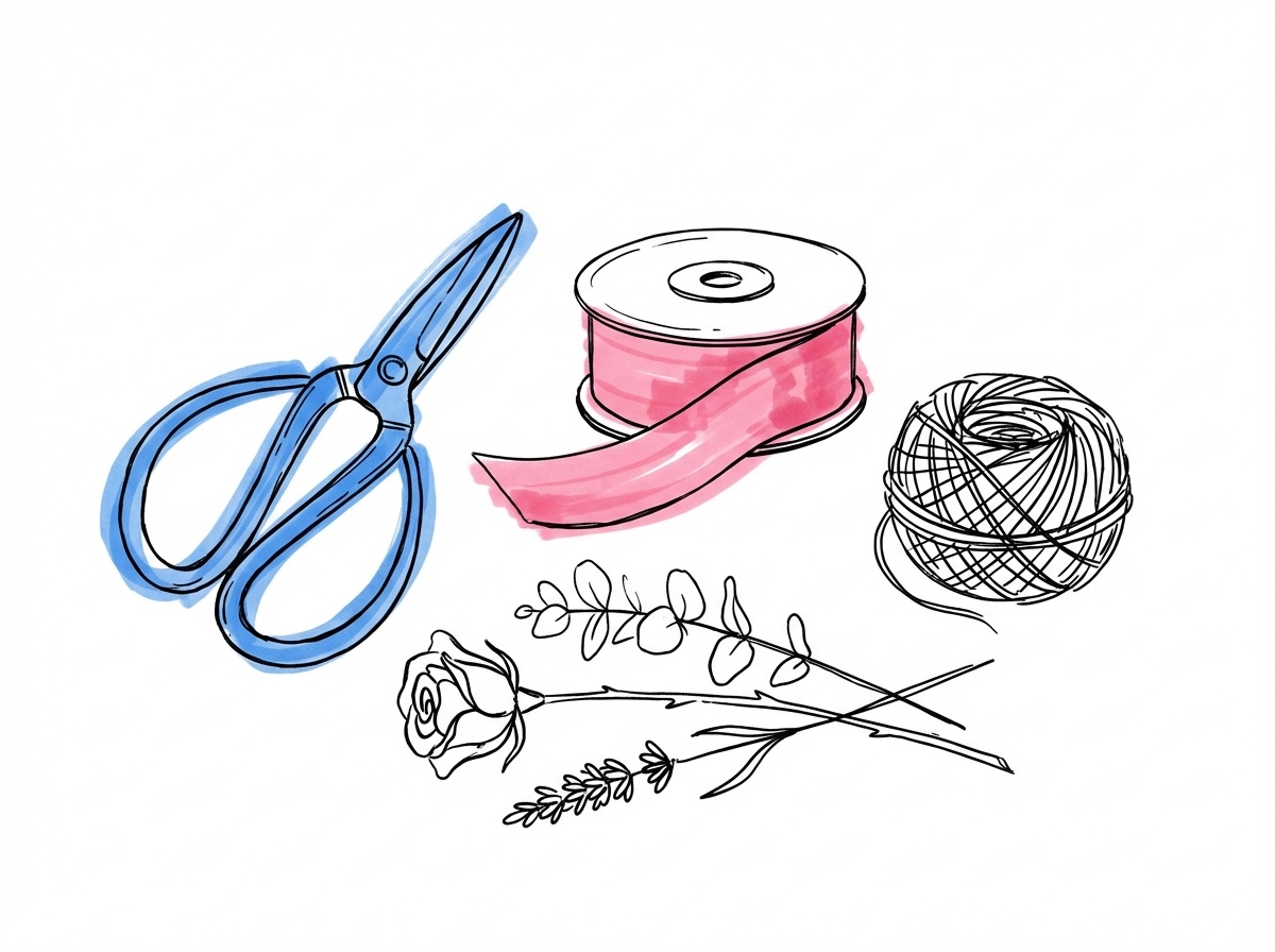 En sax, en rulle sidenband, lösa blomstjälkar och ett nystan snöre upplagda på en plan yta i Lovios illustrationsstil
