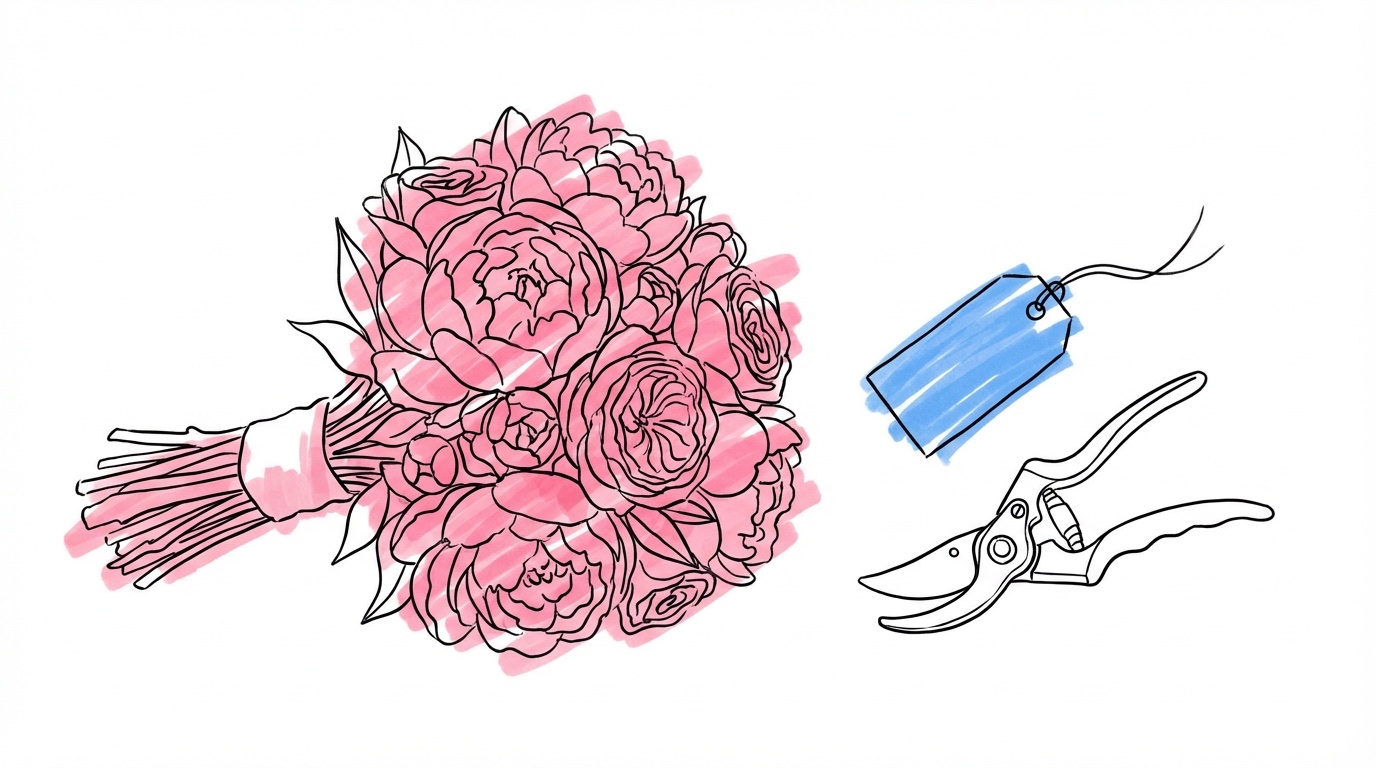 Frodig brudbukett med pioner och trädgårdsrosor liggande på sidan bredvid en prislapp och en sekatör i Lovios rosa och blå illustrationsstil