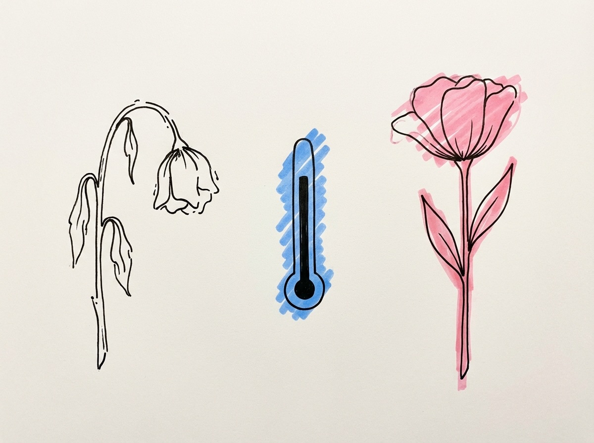 En vissnad blomma som hänger bredvid en fräsch upprätt blomma med en termometer som visar hög temperatur mellan dem i Lovios illustrationsstil