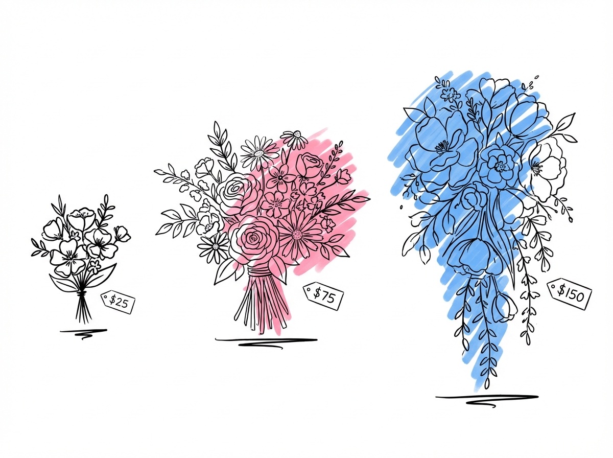Tre buketter av olika storlekar uppradade från liten till stor med prislappar bredvid varje bukett i Lovios illustrationsstil