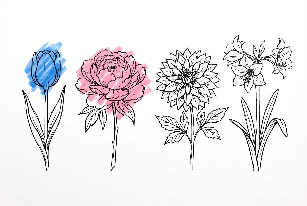 Fyra individuella blomstjälkar uppradade — en tulpan, en pion, en dahlia och en amaryllis — representerande fyra säsonger i Lovios illustrationsstil