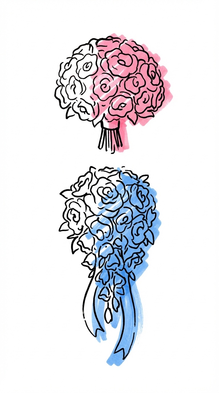 Två bukettsilhuetter staplade vertikalt — en rund kompakt form överst och en kaskadformad droppform underst med band som hänger ner i Lovios illustrationsstil