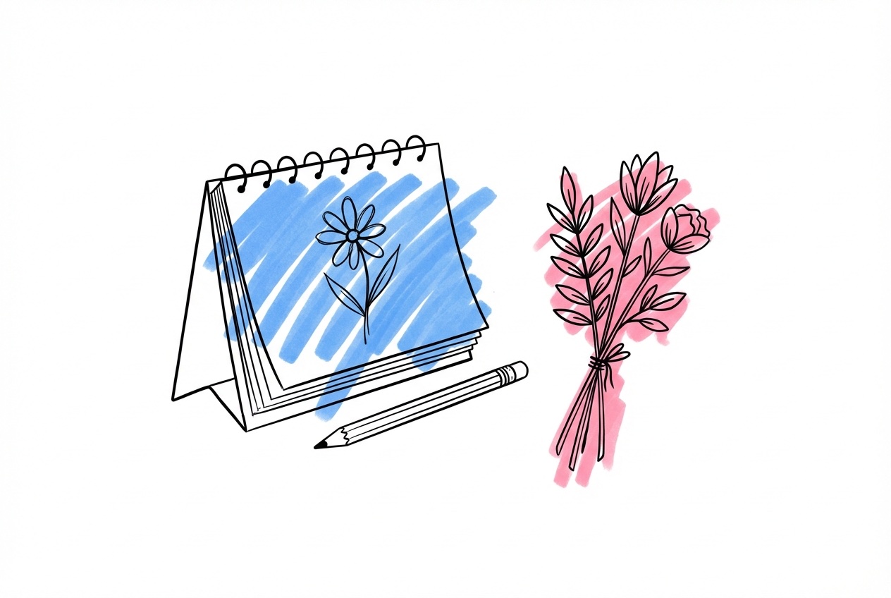 En bordskalender med en blomskiss på ena sidan, en penna och ett litet bukettexempel bredvid i Lovios illustrationsstil