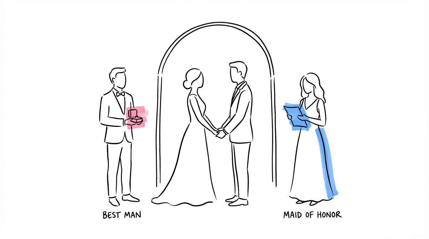 Bestman och hederstärna hjälper brudparet med förberedelserna