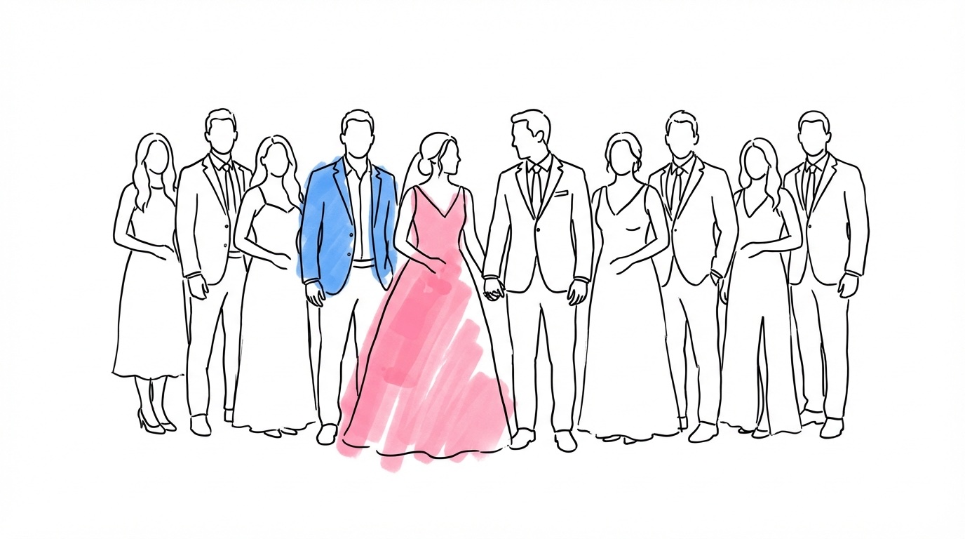 Brudföljet poserar tillsammans utomhus inför bröllopet