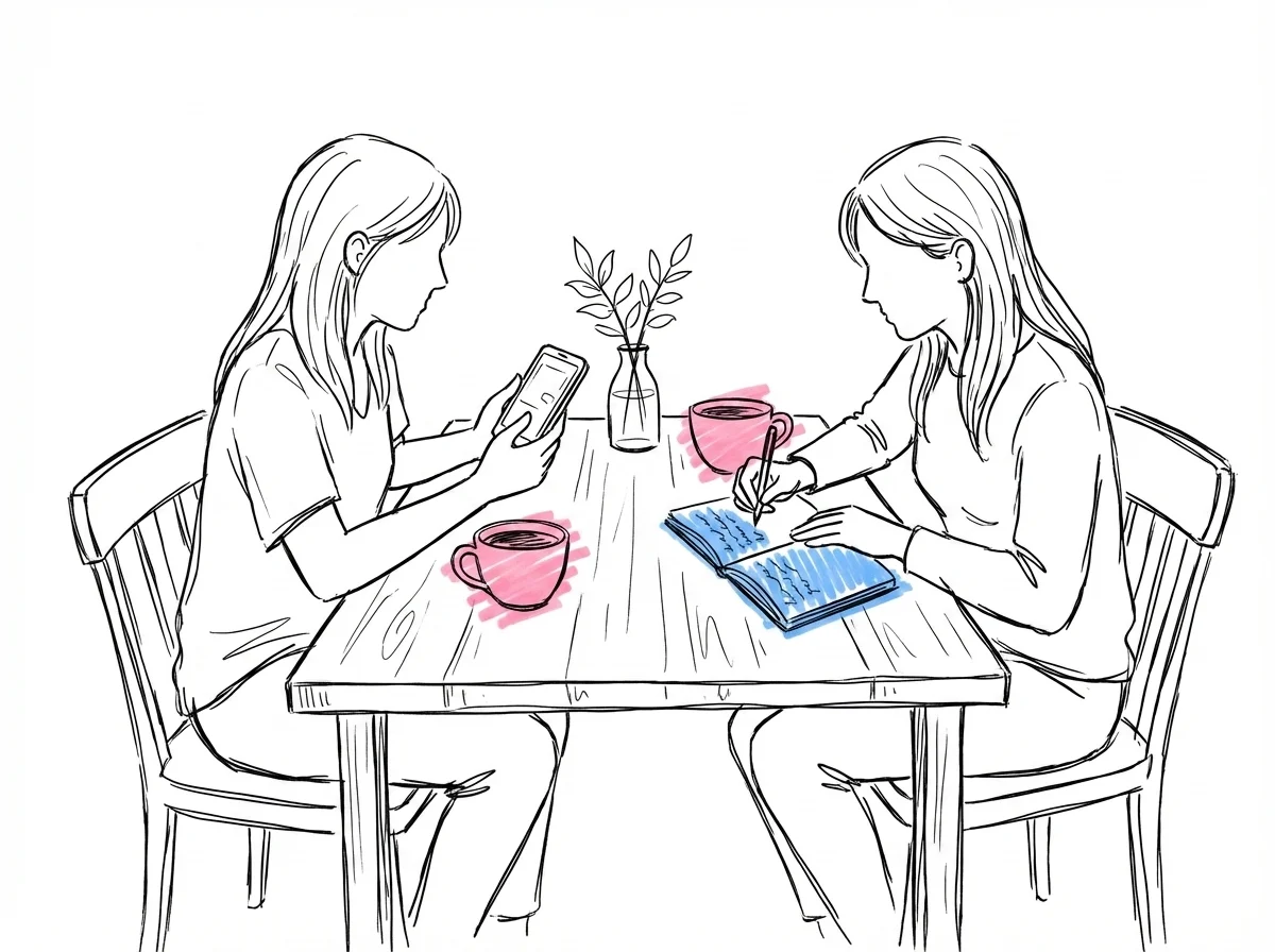 Två vänner vid cafébord, en visar telefon medan den andra antecknar, avslappnad planeringsatmosfär