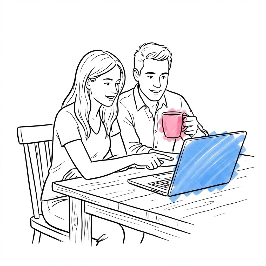 Par vid laptop som planerar bröllop tillsammans, en pekar på skärmen medan den andra håller en kaffe