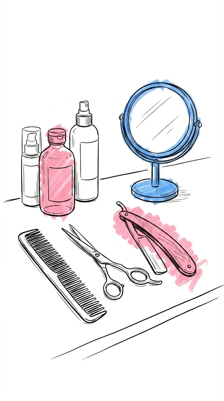 Barberstation med kammar, sax, rakkniv och hudvårdsprodukter prydligt uppradade, spegel i bakgrunden