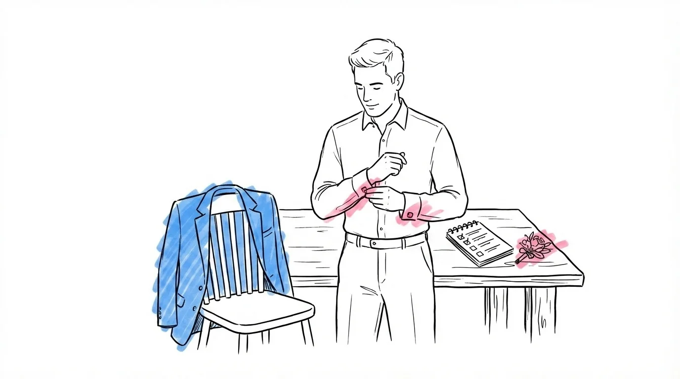 Brudgum justerar manschettknappar vid kostym hängande på stolsrygg, checklista och planeringsbok på bordet bredvid