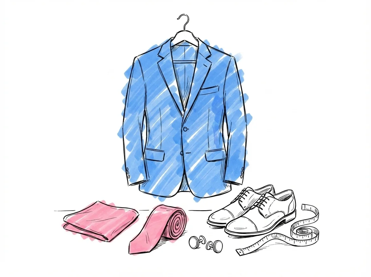 Kostym på galge med accessoarer upplagda nedanför — manschettknappar, näsduk, slips och blanka skor
