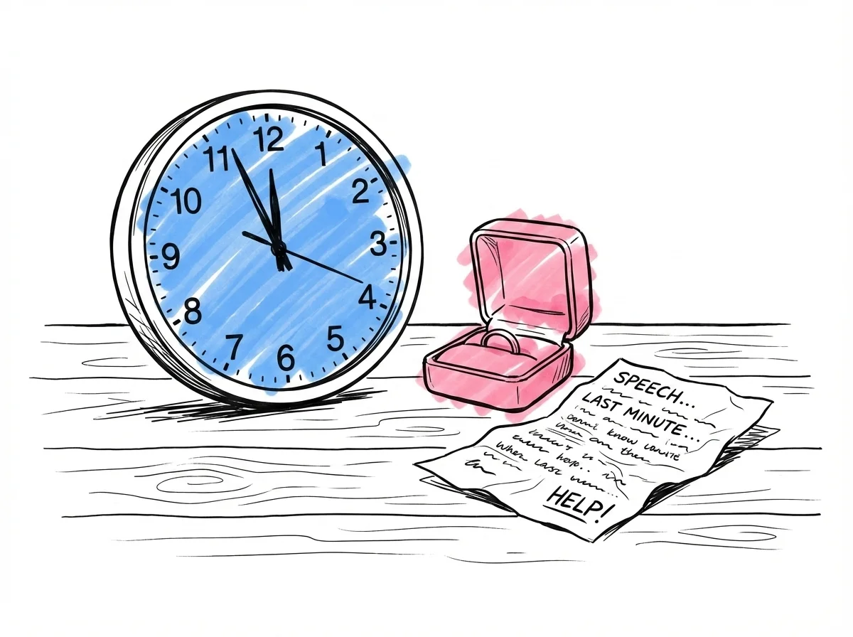 Klocka som visar sen tid bredvid tom ringask och ihopknycklat talpapper, kaotisk skrivbordsscen