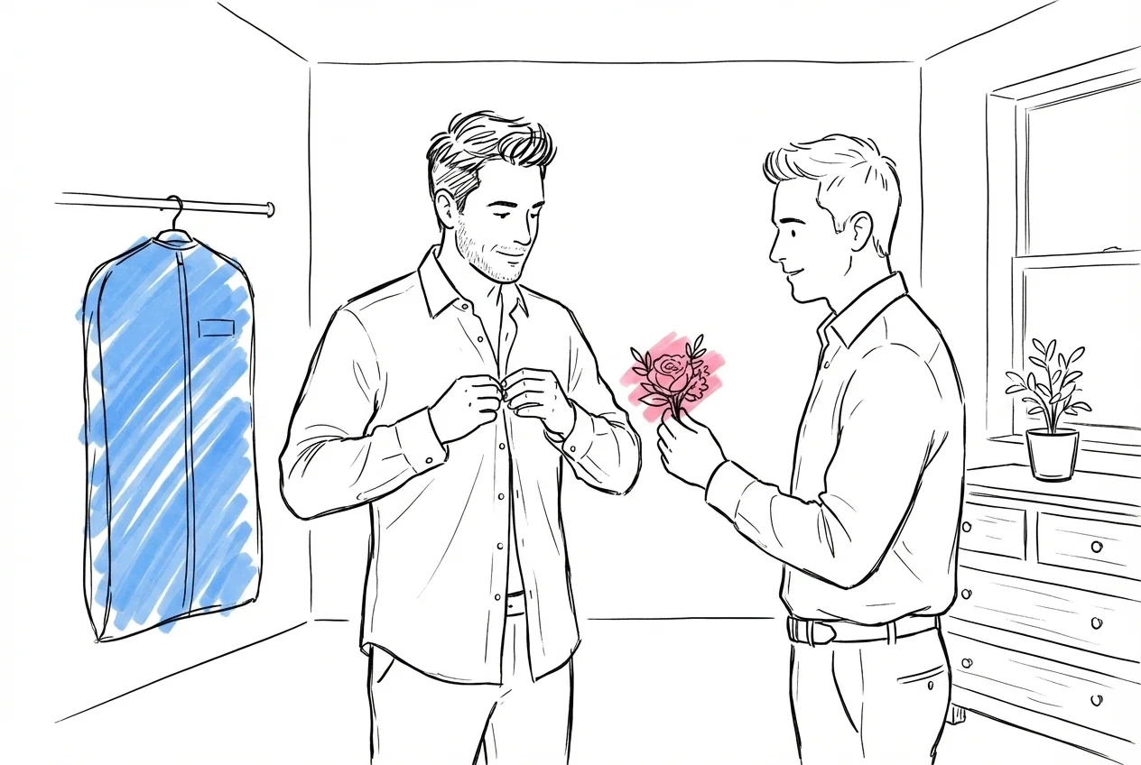 Brudgum och bestman i rum, en knäpper skjortan medan den andra räcker en boutonnière, klädpåse i bakgrunden