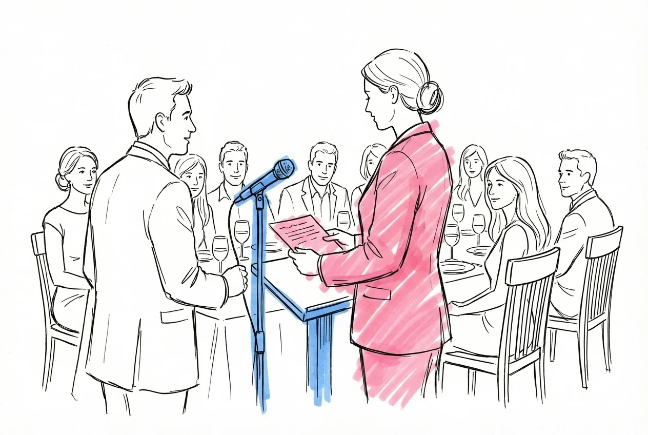 Person vid mikrofon under bröllopsmiddag, litet talkort i handen, gäster i mjuk bakgrund