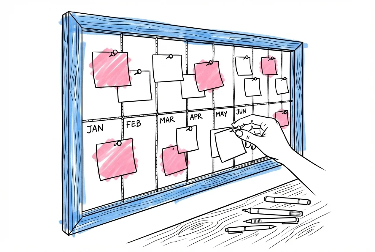 Väggkalender med klisterlappar och markeringar vid olika månadsintervall, hand som fäster en lapp