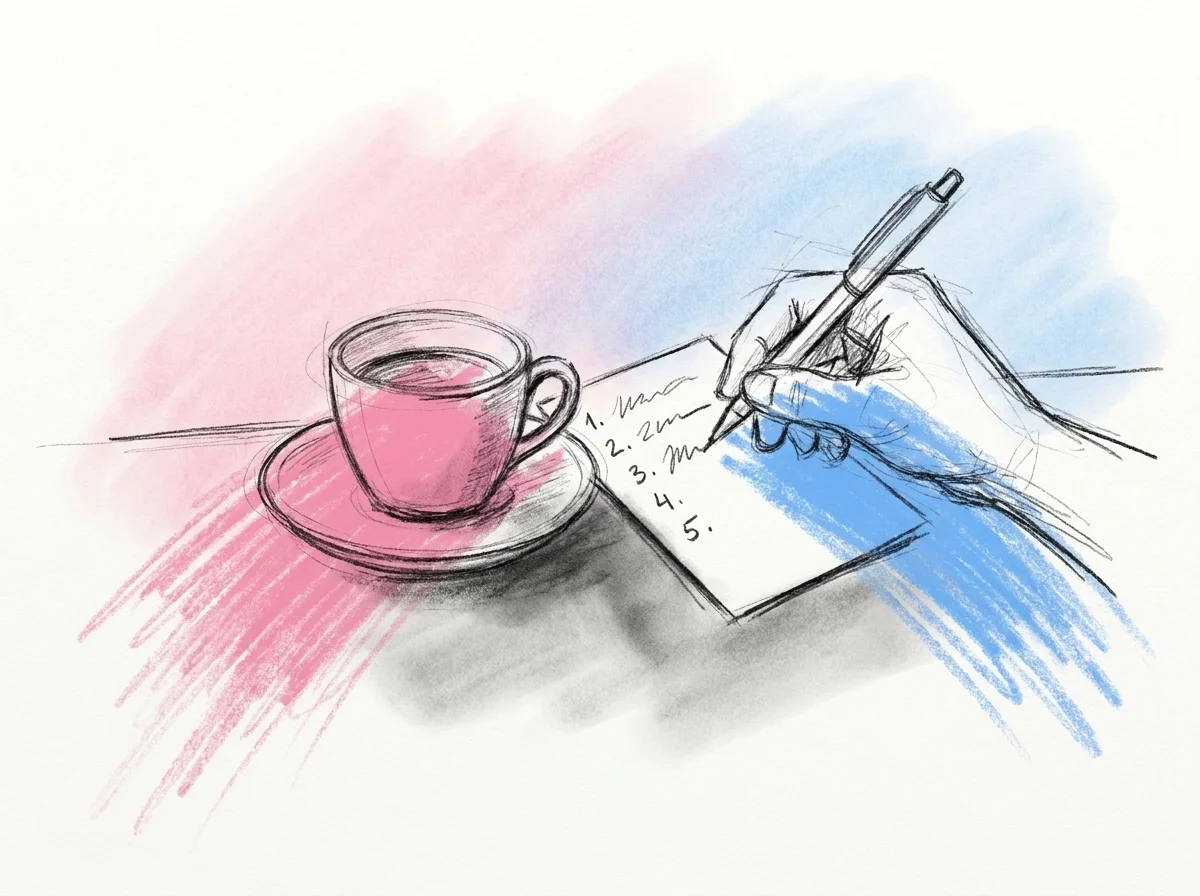 Hand som skissar fem korta numrerade stödord på ett litet kort bredvid en kaffekopp på ett bord, i Lovios rosa och blå illustrationsstil