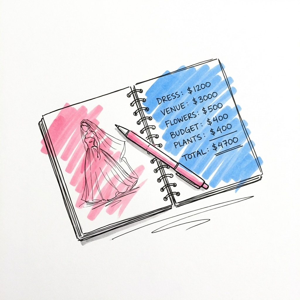 En telefon som visar Lovios budgetverktyg med separata poster för klänning, ändringar och accessoarer, i Lovios rosa och blå illustrationsstil