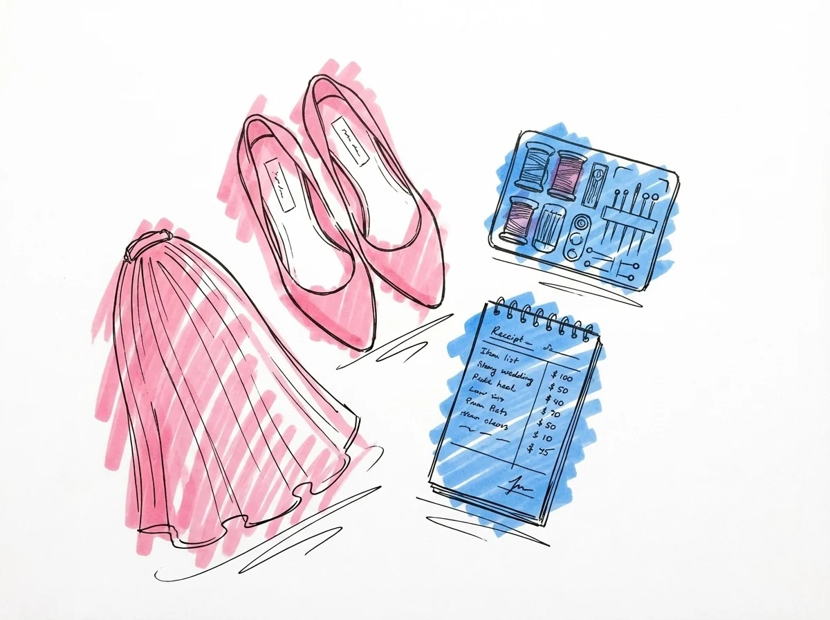 En uppst\u00e4llning av kvitton, sl\u00f6ja, skor och n\u00e5l och tr\u00e5d som illustrerar dolda kostnader kring brudkl\u00e4nningen, i Lovios rosa och bl\u00e5 illustrationsstil