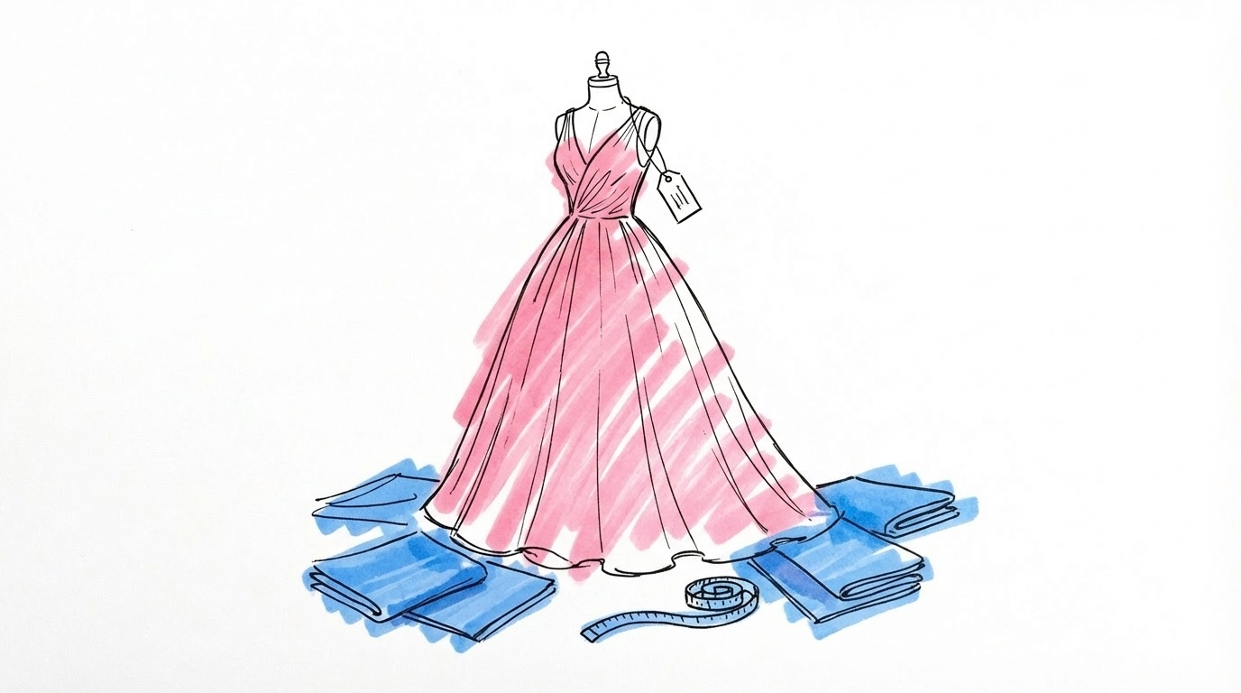 Brudklänning pris: en brudklänning hänger på en vadderad galge i en ljus ateljé med spetsdetaljer, i Lovios rosa och blå illustrationsstil