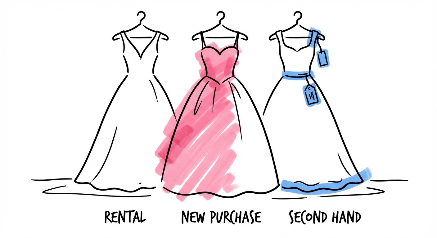 Tre brudklänningar sida vid sida på galgar – hyrd, nyköpt och second hand