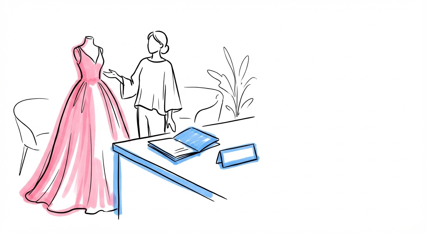 Hyrklänningsbutik med brudklänningar på rad och prislapp synlig