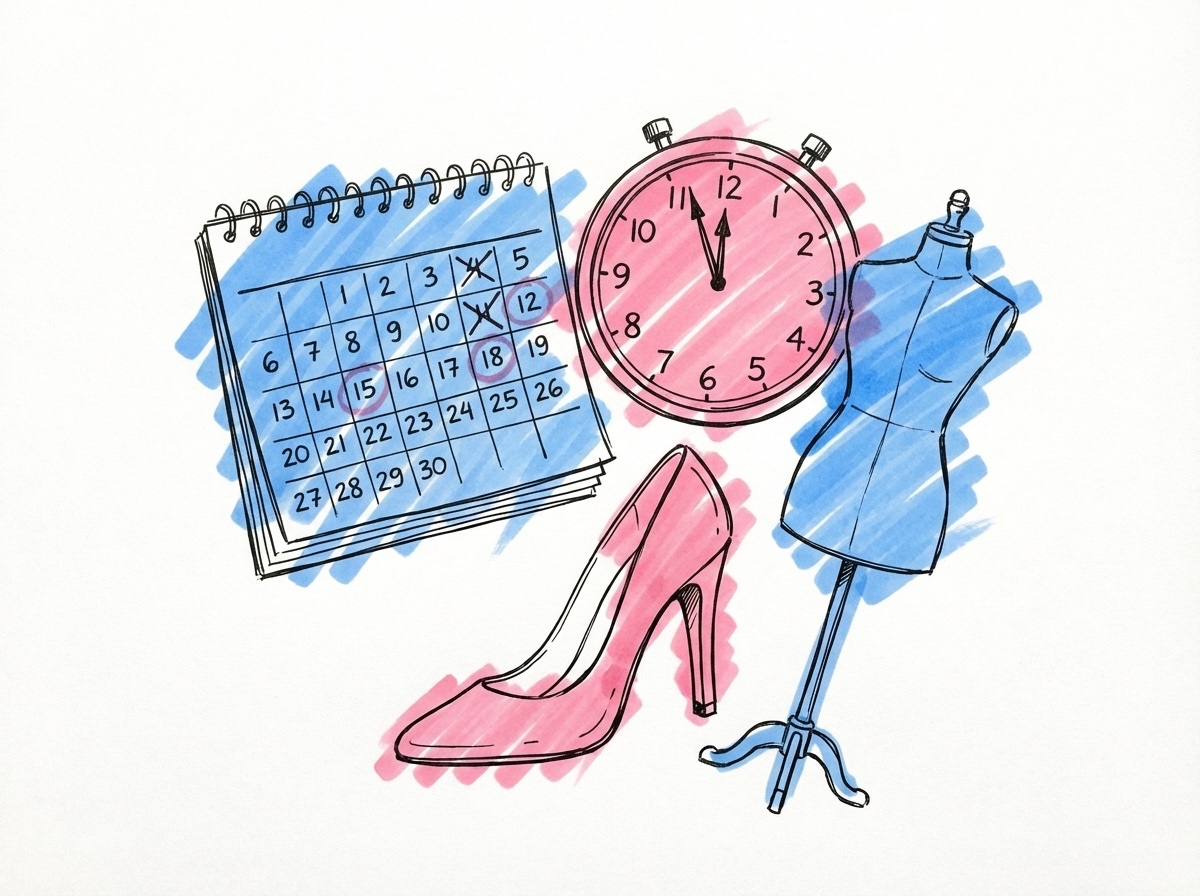 Ett par som ser förvånat ut över en oväntat hög faktura för brudklänning, i Lovios rosa och blå illustrationsstil