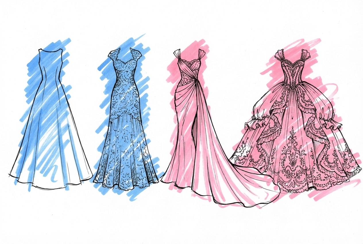 Fyra brudklänningar sida vid sida från enkel polyestermodell till exklusiv couture, i Lovios rosa och blå illustrationsstil