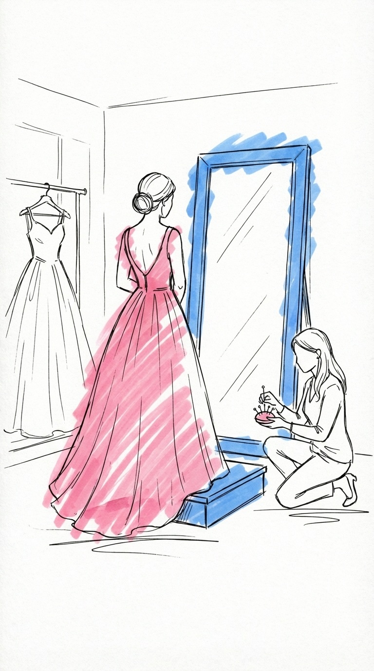 En brud som provar en klänning i en butik med en rådgivare, i Lovios rosa och blå illustrationsstil