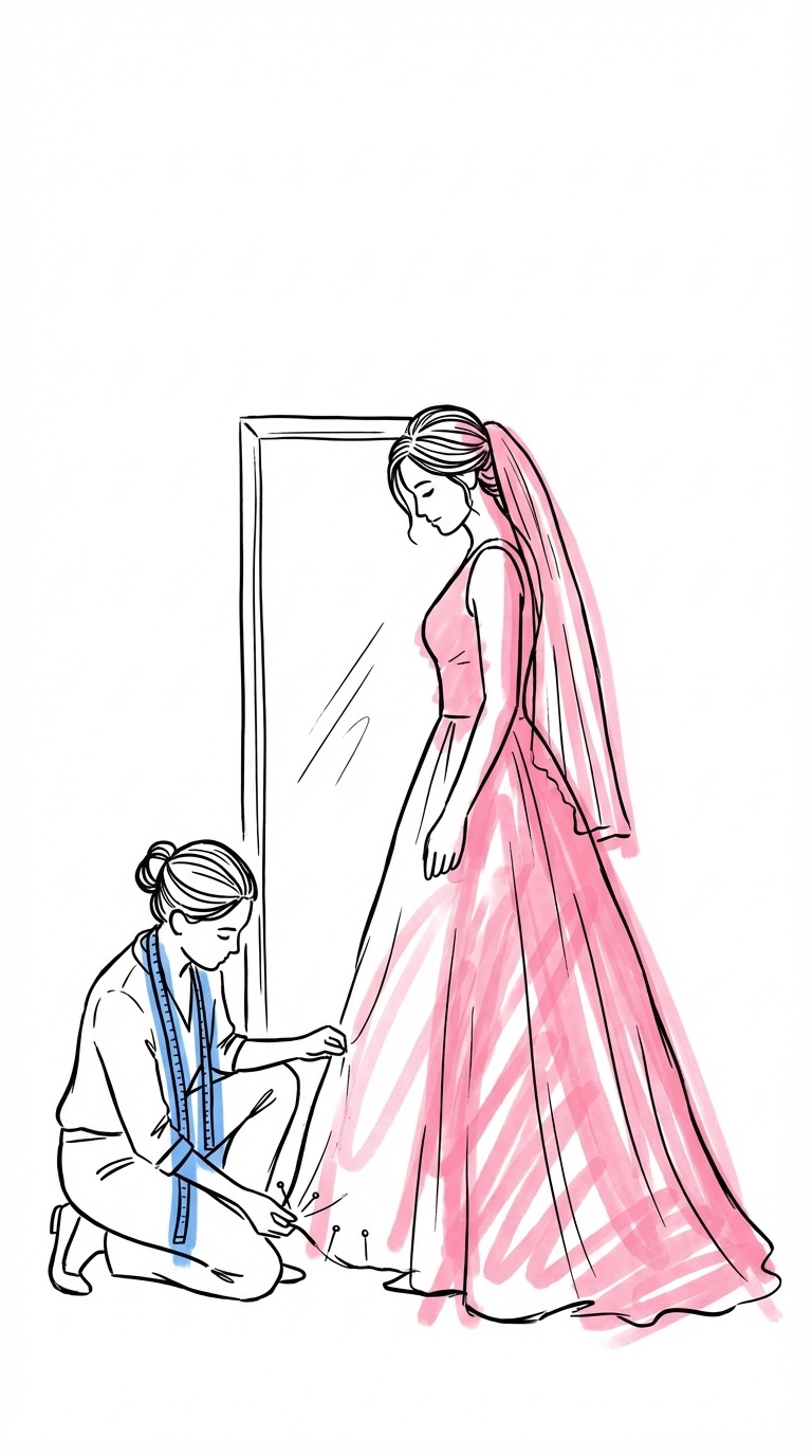 Skräddare mäter och nålar brudklänning vid midjan