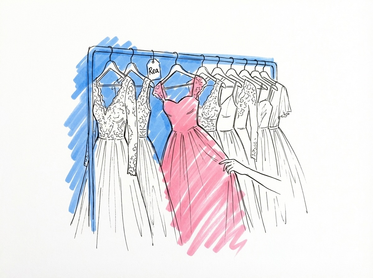 Flera brudklänningar hängande på en stång i en second hand-butik med prislappar, i Lovios rosa och blå illustrationsstil