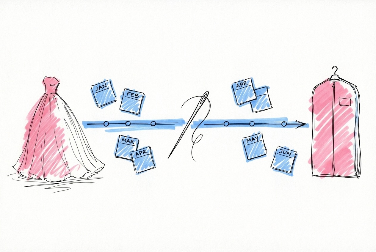 En horisontell tidslinje med fem milstolpar från 12 månader till bröllopsdagen, i Lovios rosa och blå illustrationsstil