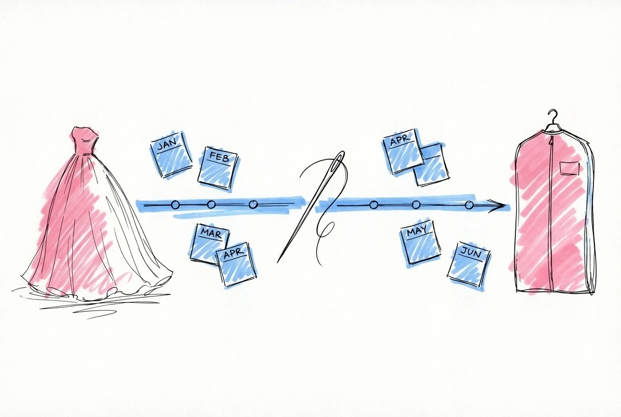 En horisontell tidslinje med fem milstolpar fr\u00e5n 12 m\u00e5nader till br\u00f6llopsdagen, i Lovios rosa och bl\u00e5 illustrationsstil