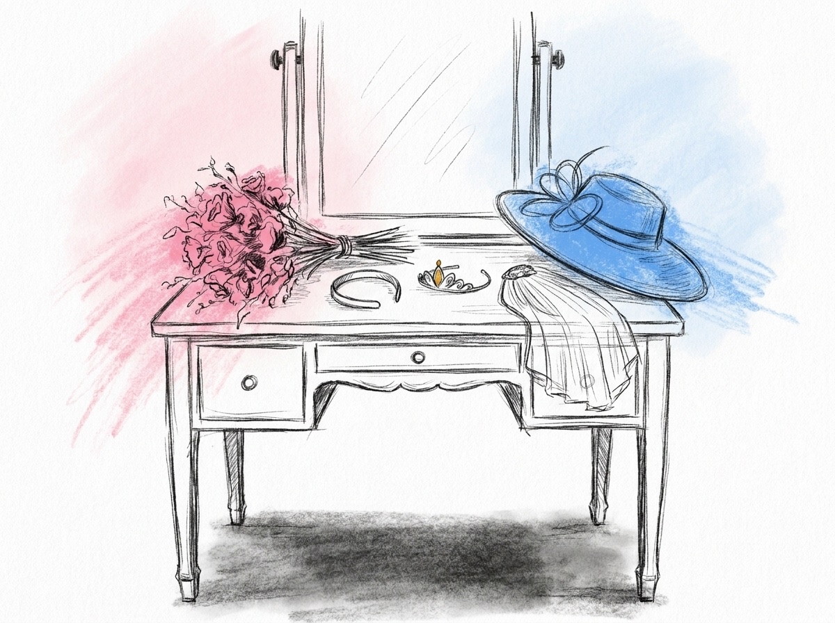 Ett sminkbord med hårband, liten tiara, torkade blommor, en fascinatorhatt och en vikt brudslöja som ligger åt sidan, i Lovios rosa och blå illustrationsstil