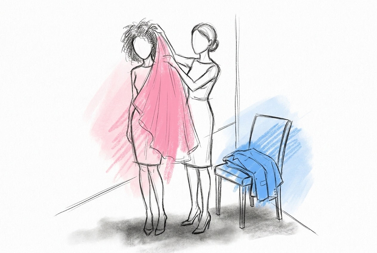 Två vänner i en lugn korridor där den ena försiktigt tar loss en brudslöja ur den andras hår, med en vikt jacka på en stol bredvid, i Lovios rosa och blå illustrationsstil
