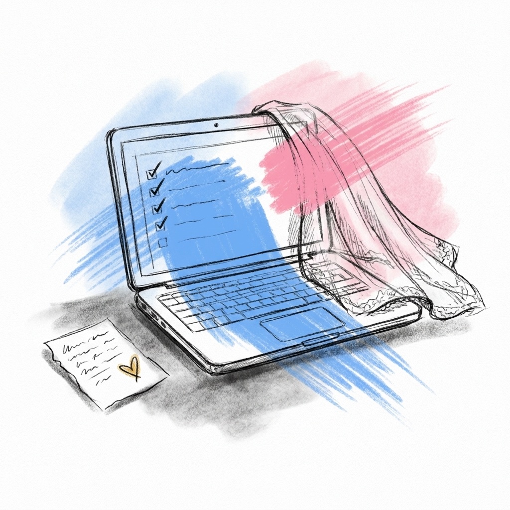 Öppen bärbar dator med en enkel checklista på skärmen, en vikt brudslöja över skärmens hörn och en liten handskriven lapp med ett hjärta, i Lovios rosa och blå illustrationsstil